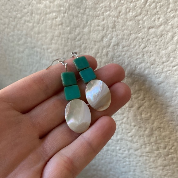 Bohemian Shell Style and Turquoise Colored Glass Earrings - Picture 5 of 5